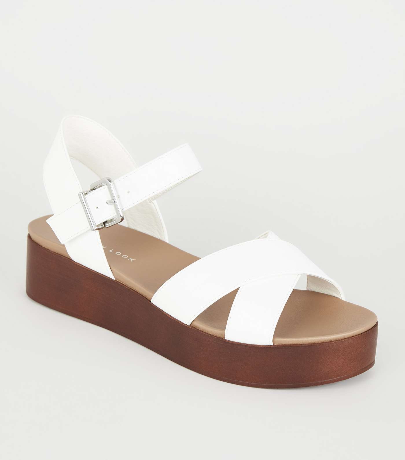 White Leather-Look Wood Flatform Sandals