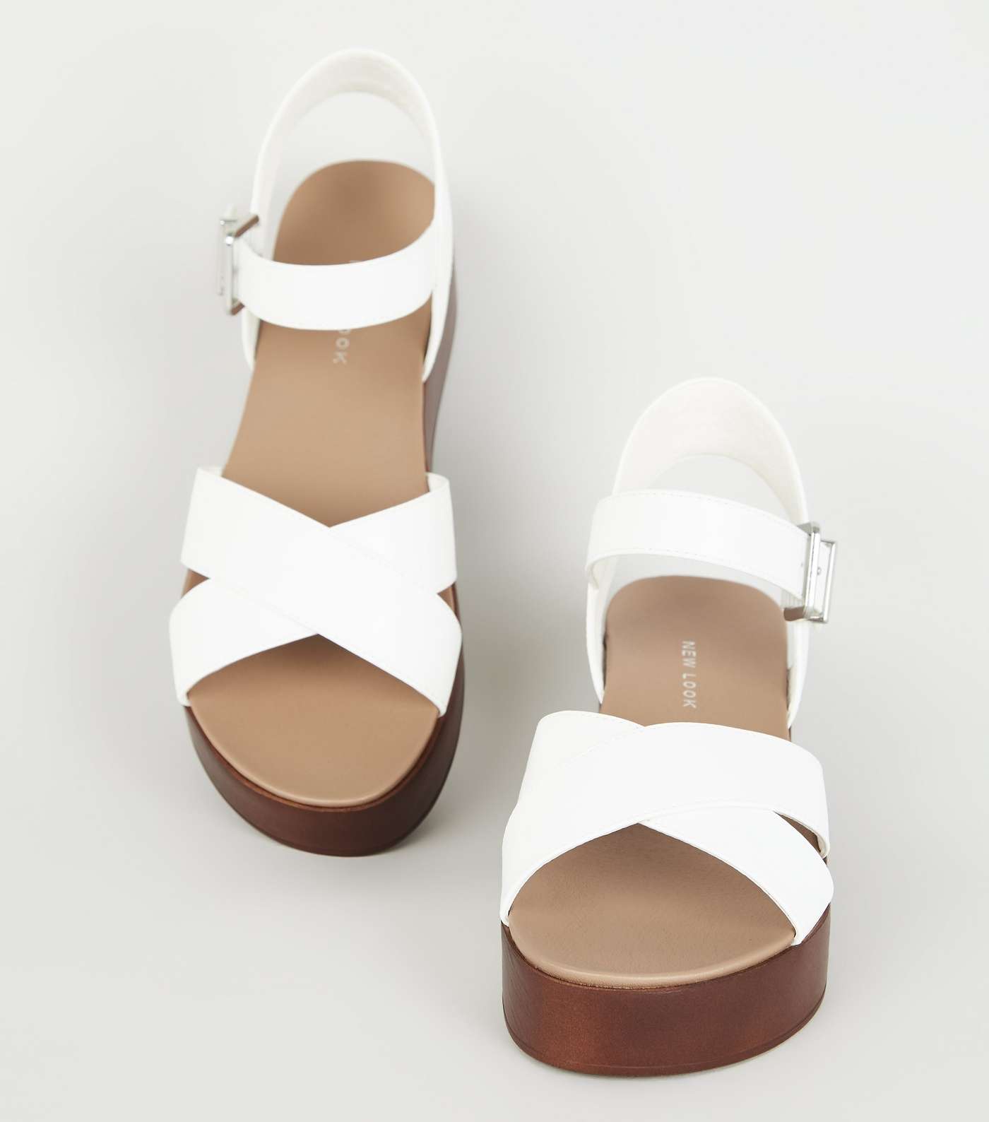 White Leather-Look Wood Flatform Sandals Image 3