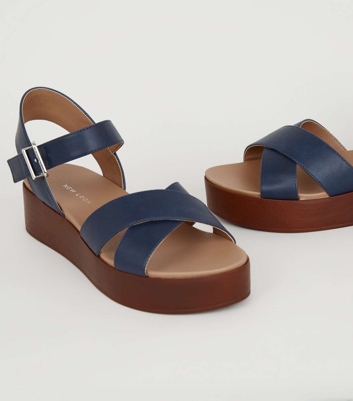 Navy Leather-Look Wood Flatform Sandals Image 3