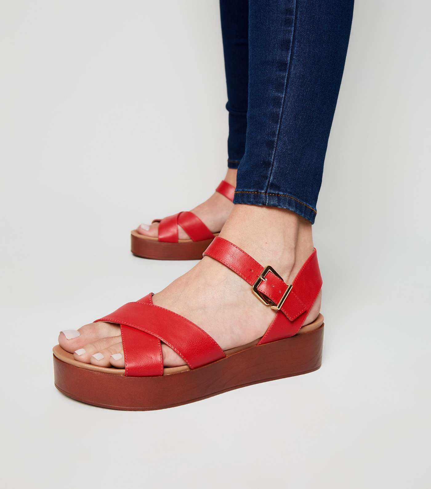 Red Leather-Look Wood Flatform Footbed Sandals Image 2
