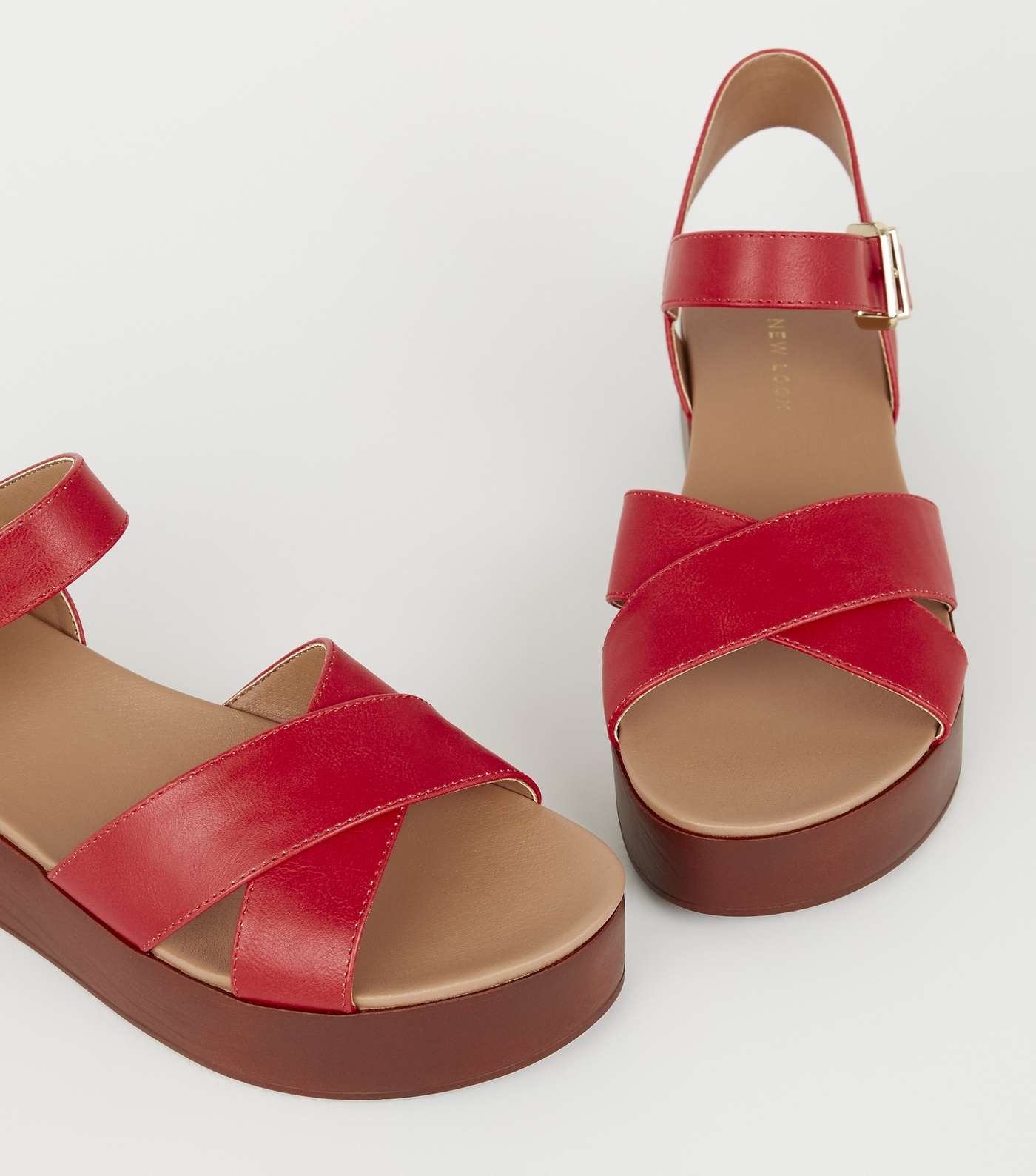Red Leather-Look Wood Flatform Footbed Sandals Image 4