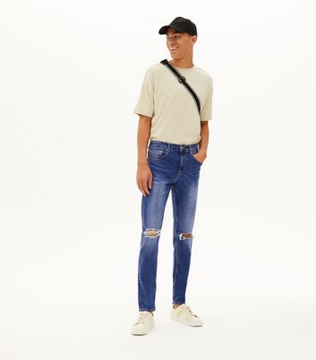 Image of Bright Blue Ripped Knee Slim Stretch Jeans New Look