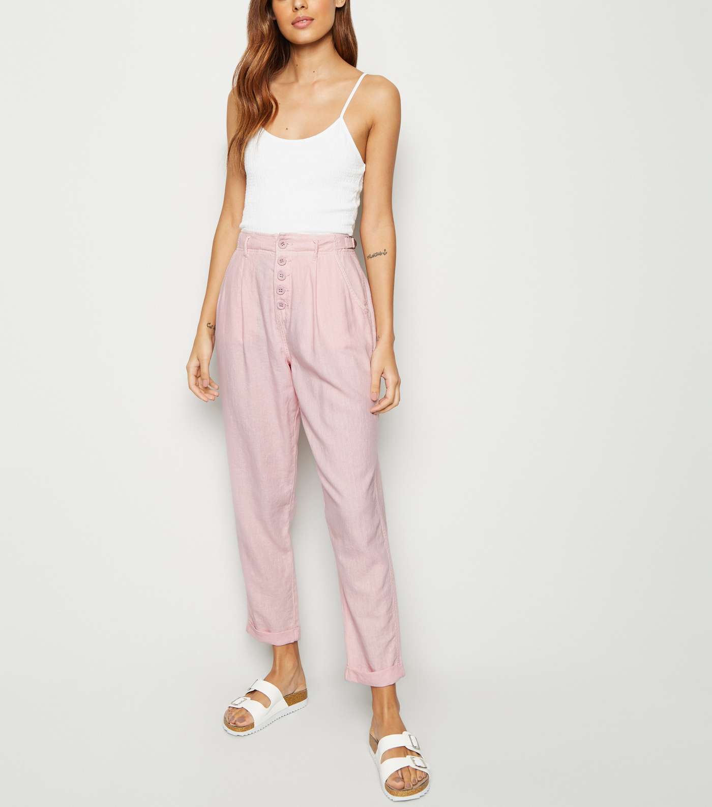 Pink Linen Blend Tapered Trousers