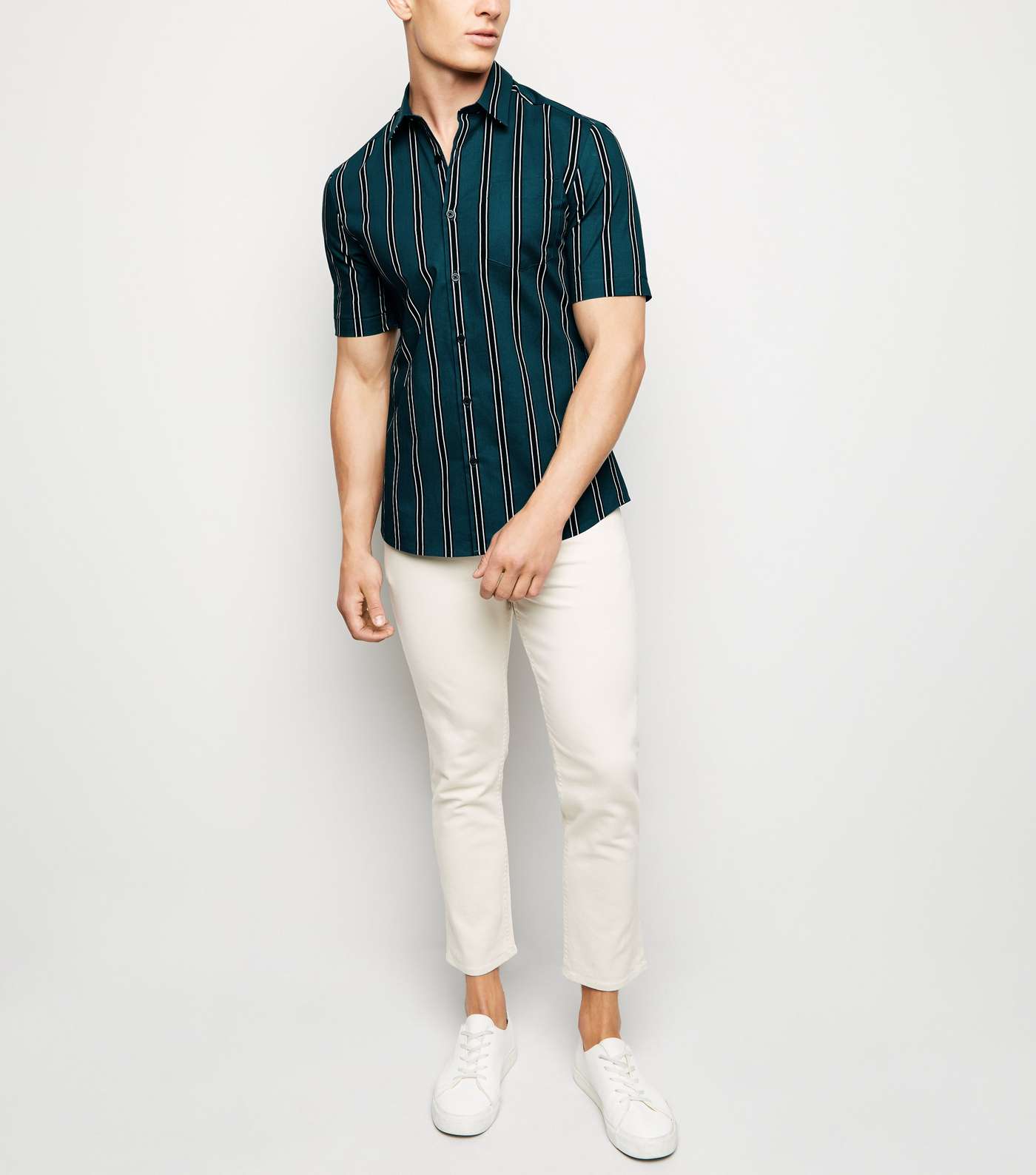 Green Vertical Stripe Muscle Fit Short Sleeve Shirt Image 2