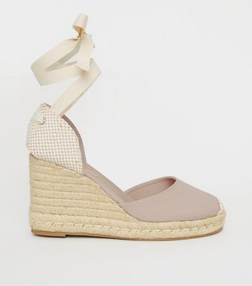 Grey Ribbon Ankle Tie Espadrille Wedges