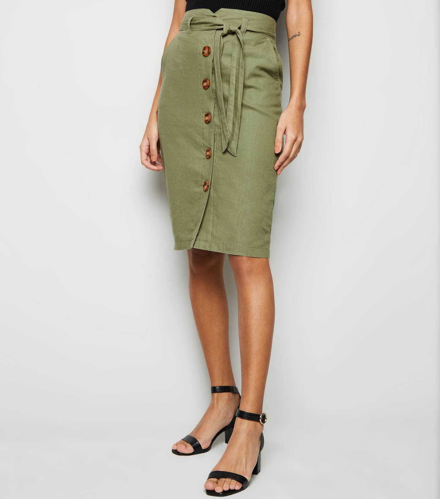 Olive Linen Blend Pencil Skirt  Image 2