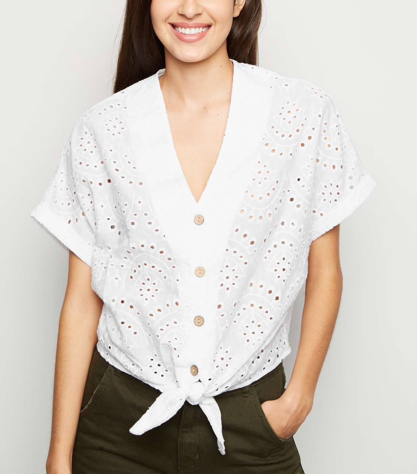 White Broderie Tie Front Shirt