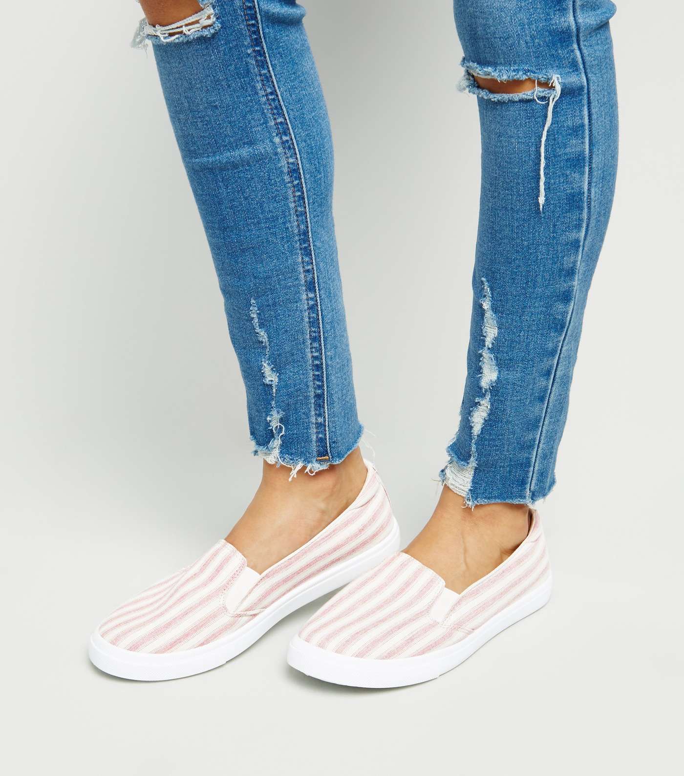 Girls Red Canvas Stripe Slip On Trainers Image 2