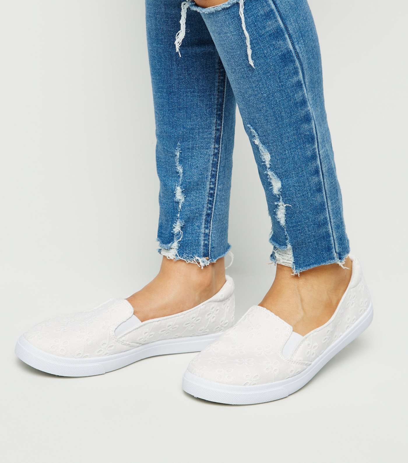 Girls Off White Broderie Slip-On Trainers Image 2