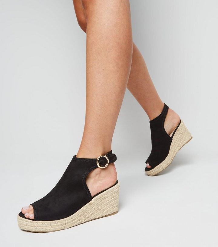 Black Comfort Peep Toe Espadrille Wedges New Look