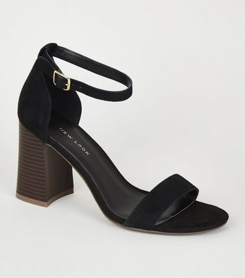 Black Suede Flare Block Heel Sandals 