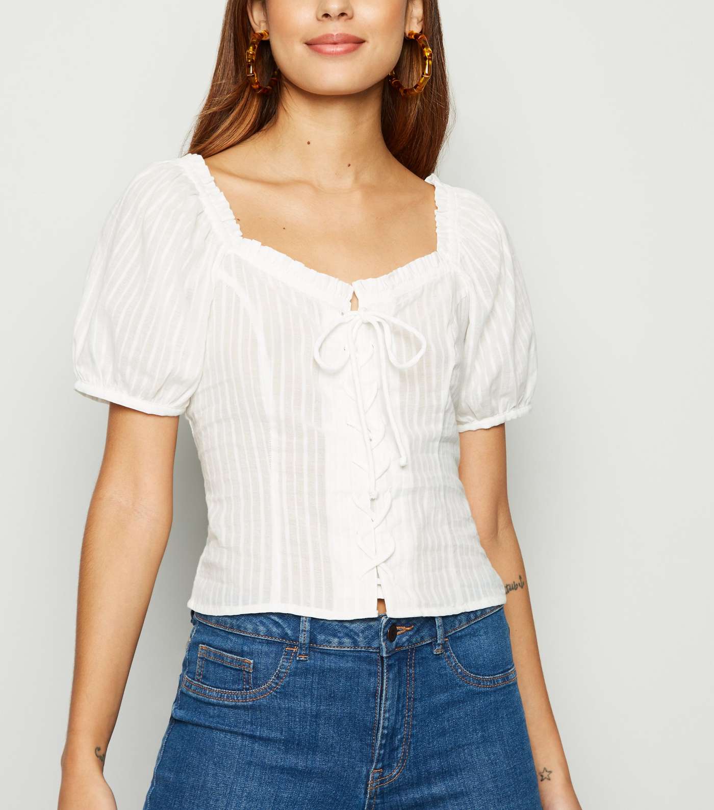 Off White Stripe Lace Up Milkmaid Blouse
