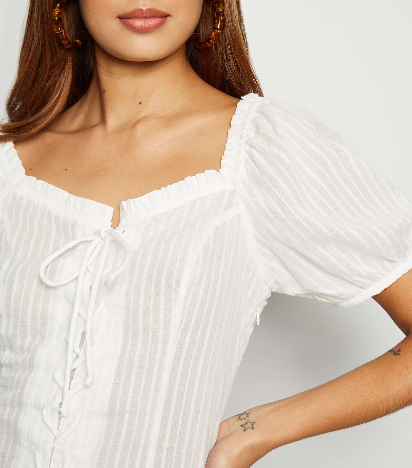Off White Stripe Lace Up Milkmaid Blouse Image 5