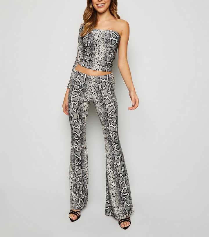 Brown Snake Print Glitter Flared Trousers 