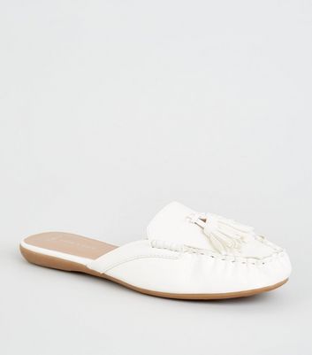 White Leather-Look Tassel Mule Loafers 