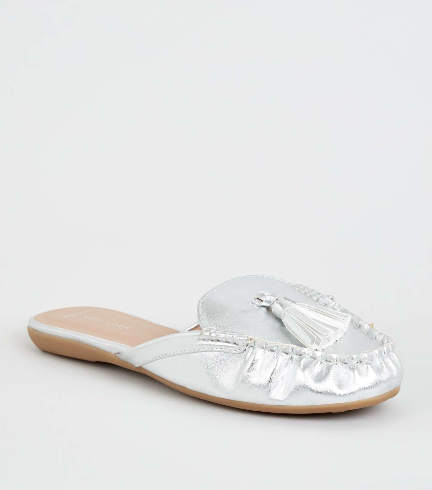 Wide Fit Silver Leather-Look Tassel Mule Loafers