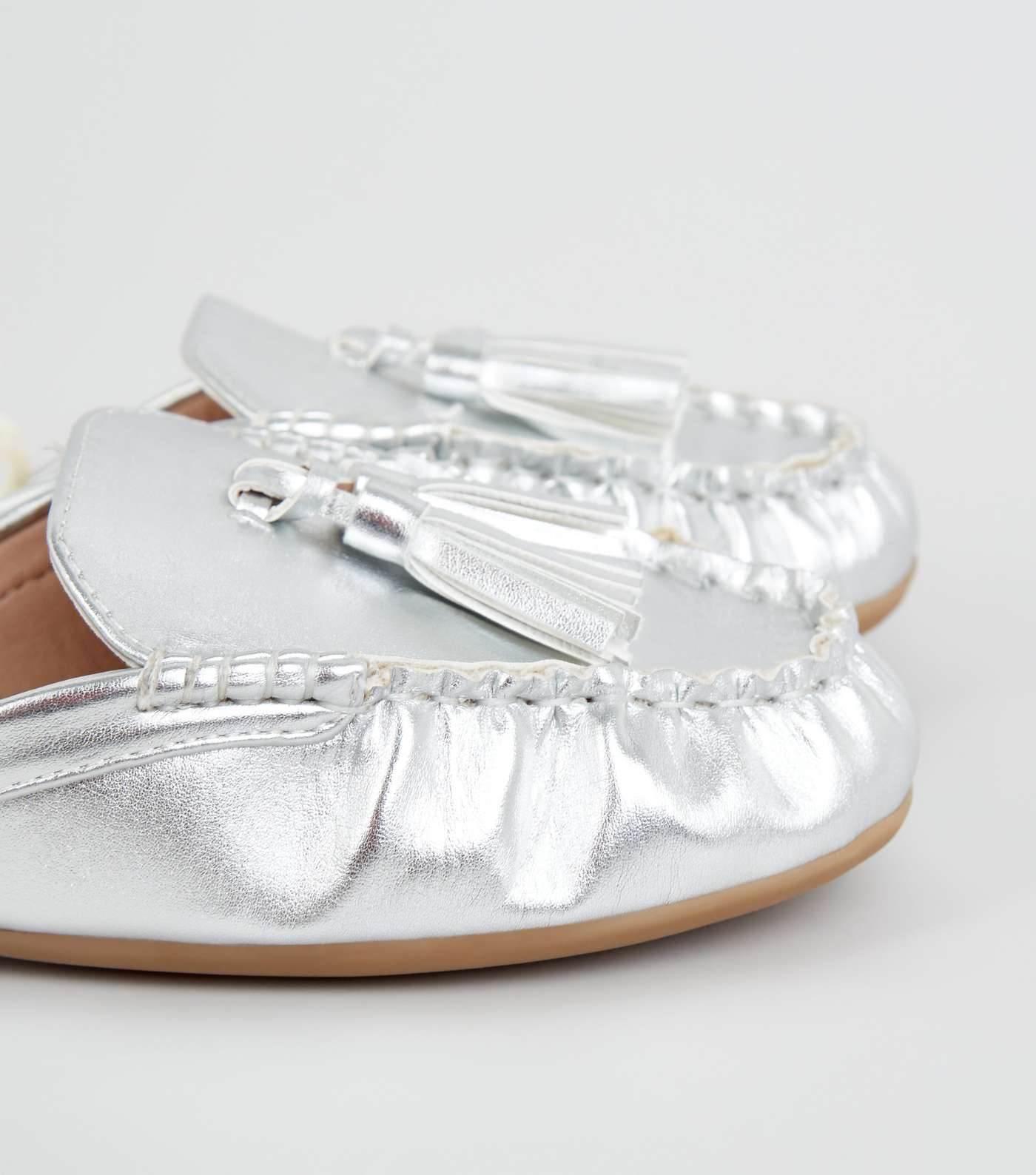 Wide Fit Silver Leather-Look Tassel Mule Loafers Image 3