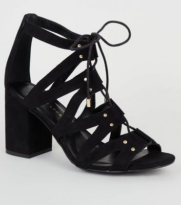 black suedette lace up ghillie block heel sandals