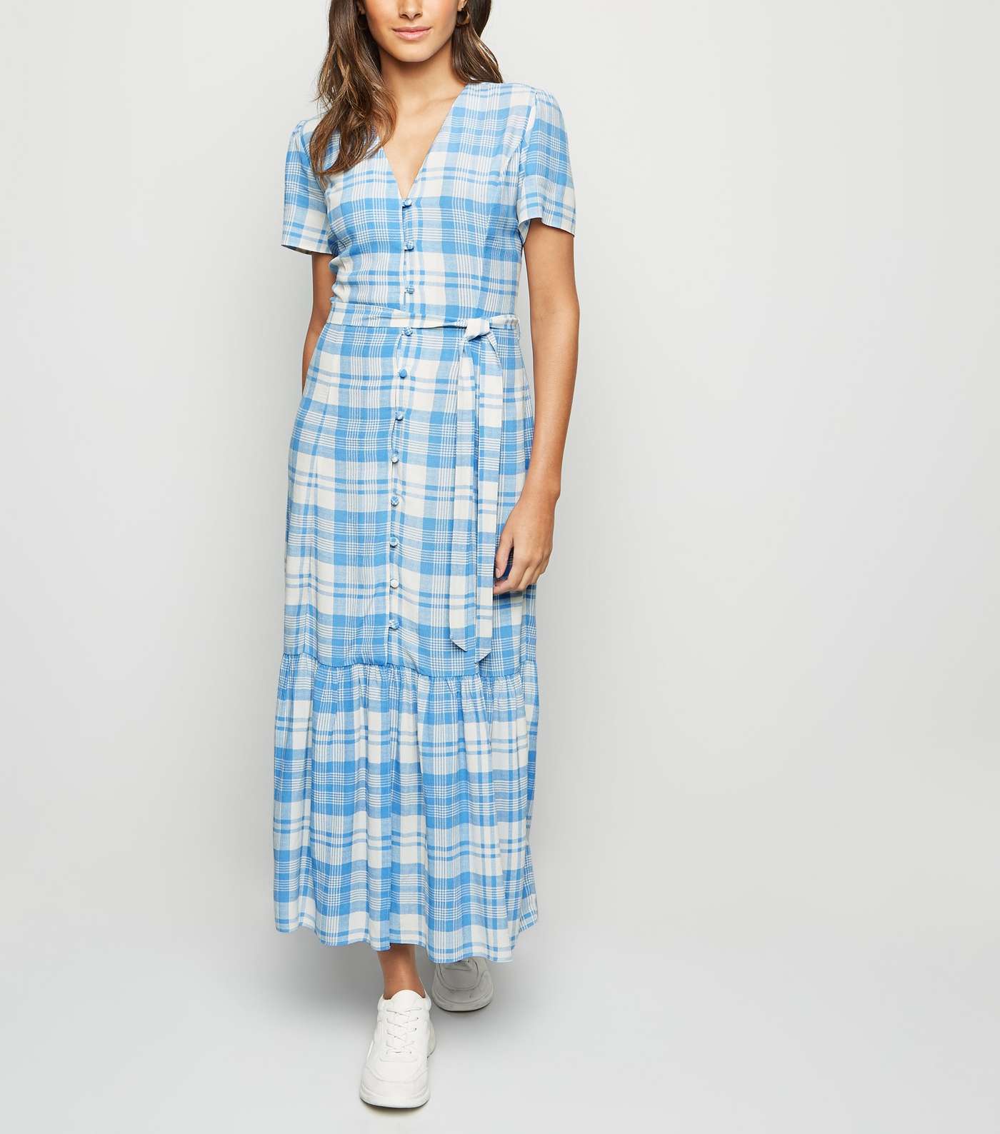 Blue Check Button Front Tiered Maxi Dress 