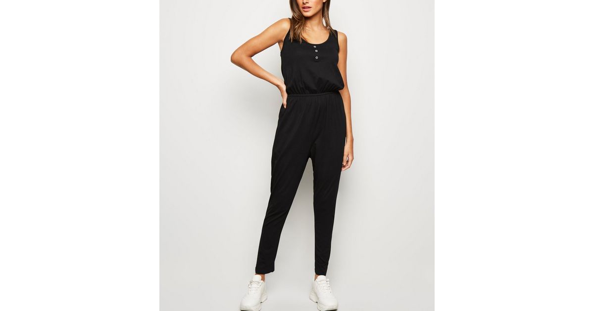 Black Button Front Jersey Jumpsuit | New Look