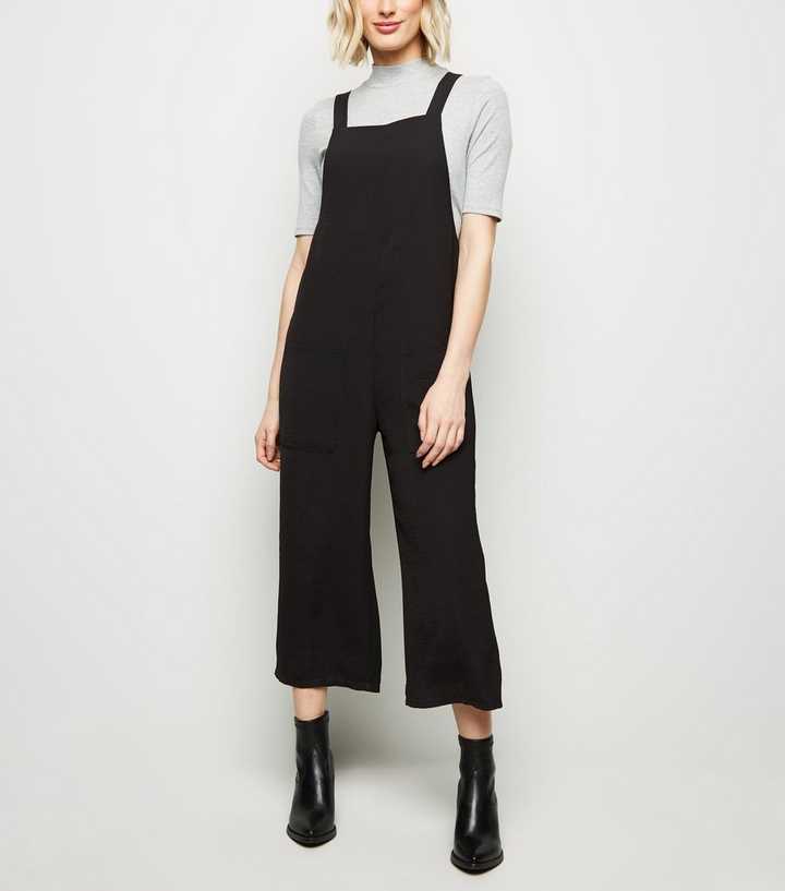 Black Square Neck Herringbone Dungaree Jumpsuit 