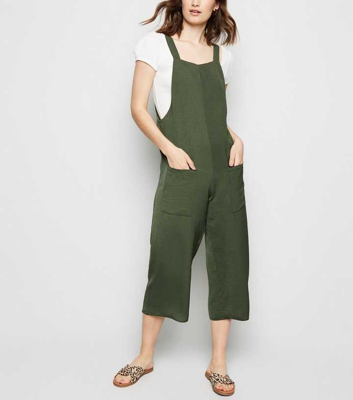 Khaki Square Neck Herringbone Dungaree Jumpsuit 