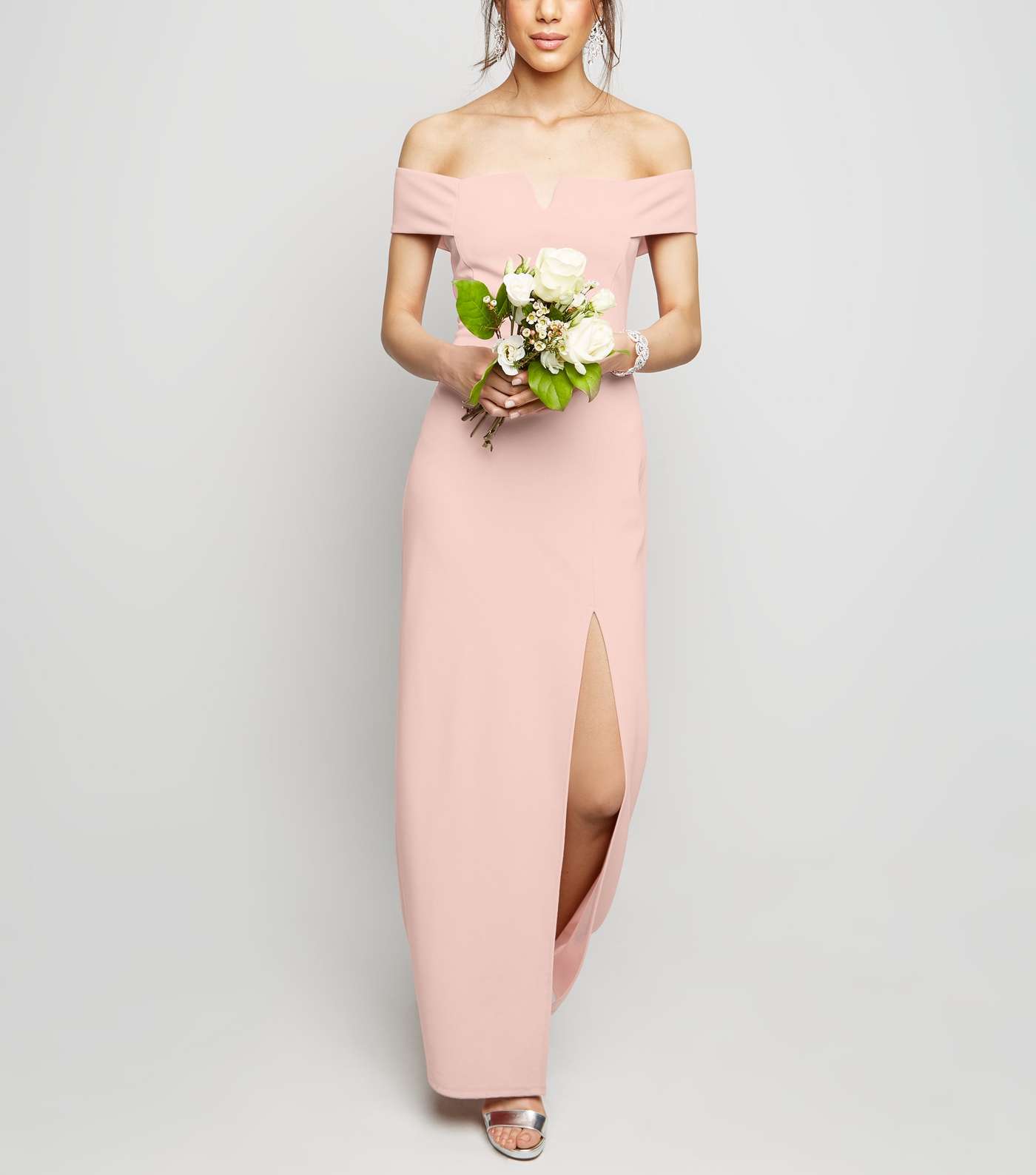 Pale Pink Side Split Bardot Maxi Dress