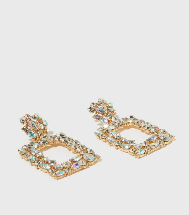 Gold Premium Diamante Door Knocker Earrings New Look