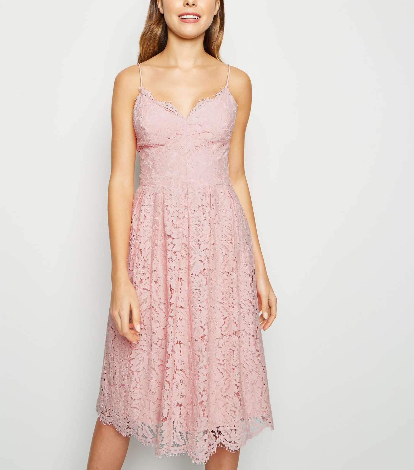 Pale Pink Pleated Lace Midi Dress