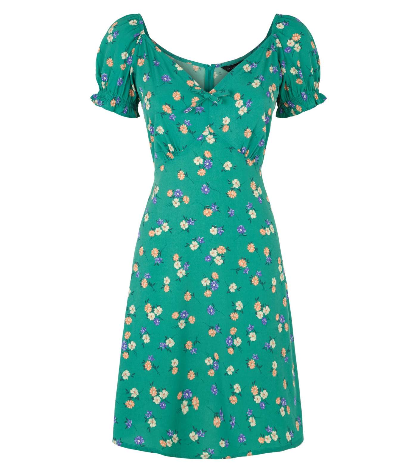 Green Floral Short Puff Sleeve Tea Dress Image 4