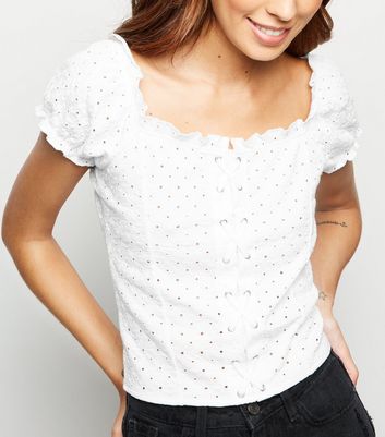 White Broderie Lace Up Front Top | New Look