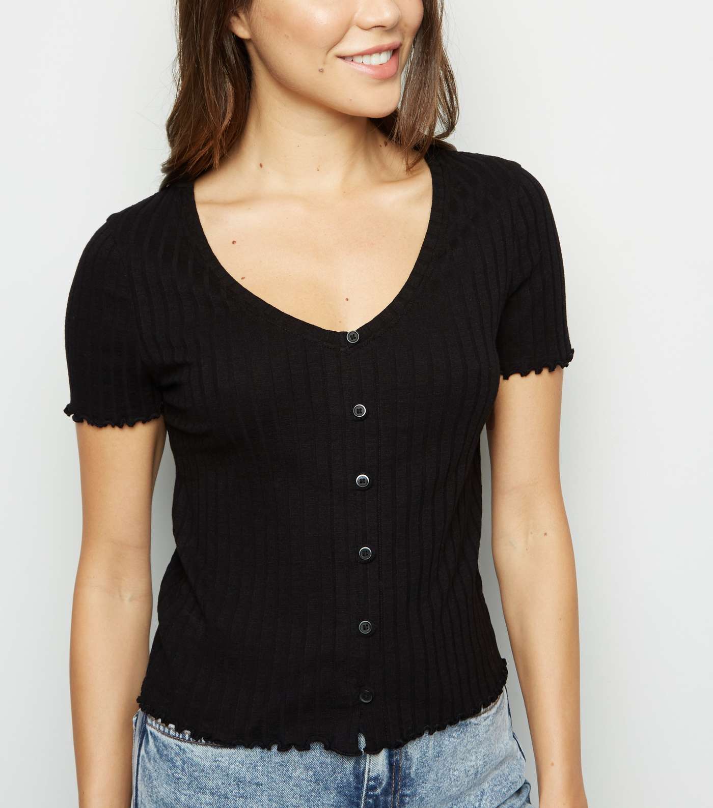 Black Ribbed Button Front Frill Trim Top