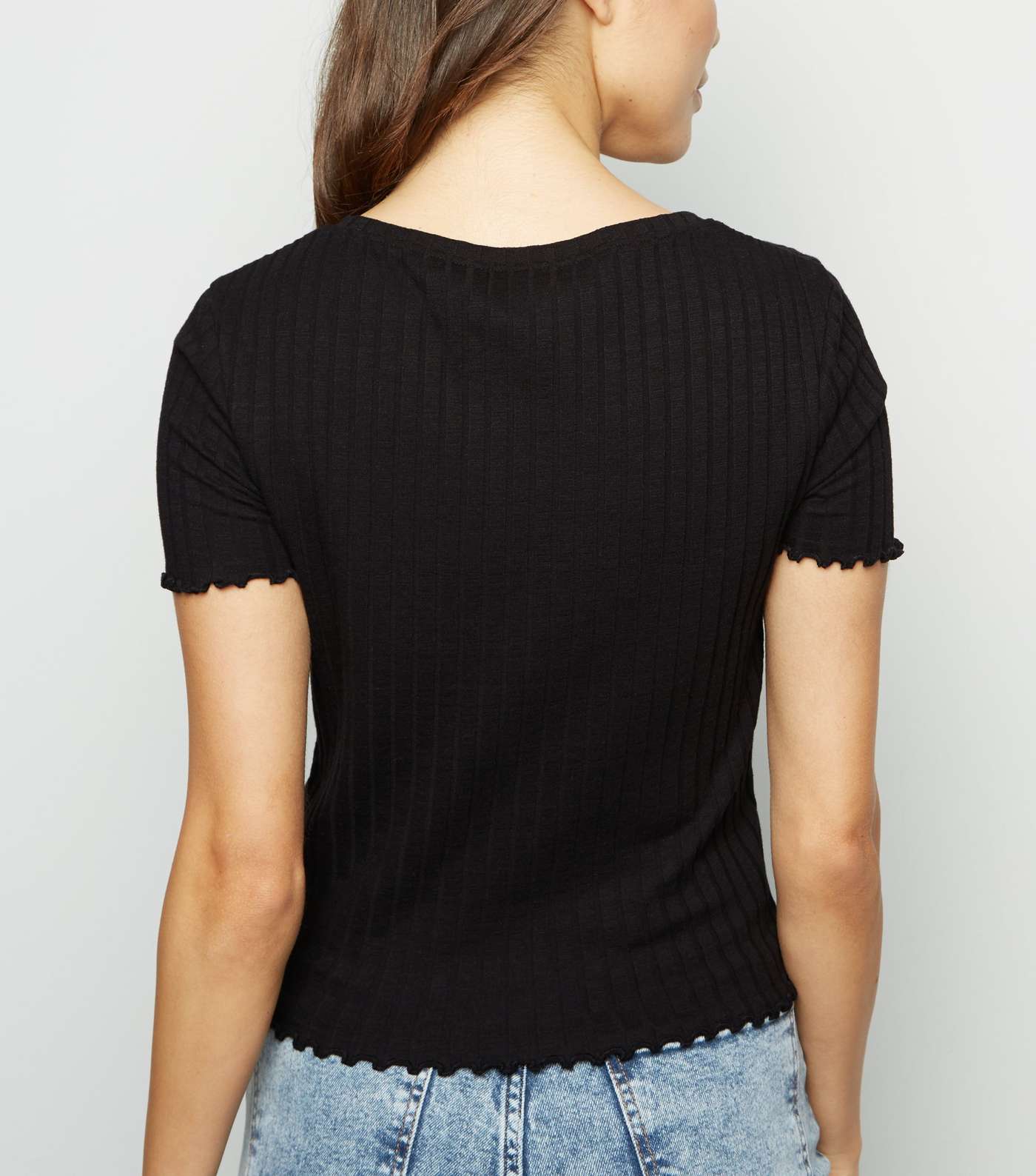 Black Ribbed Button Front Frill Trim Top Image 5