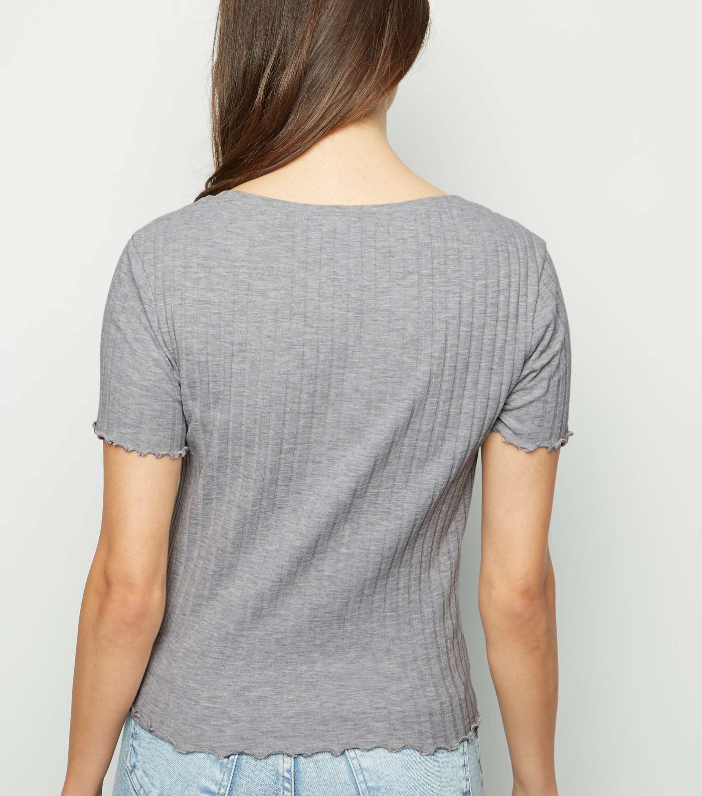 Grey Marl Ribbed Button Front Frill Trim Top Image 3