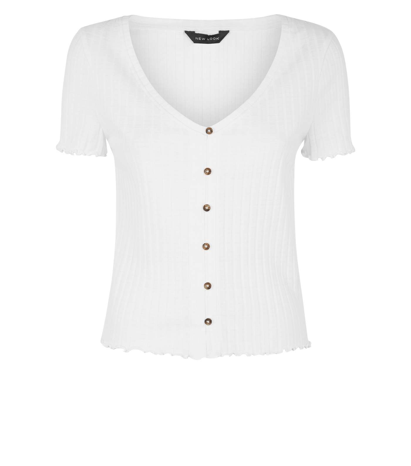 Off White Ribbed Button Front Frill Trim Top Image 4