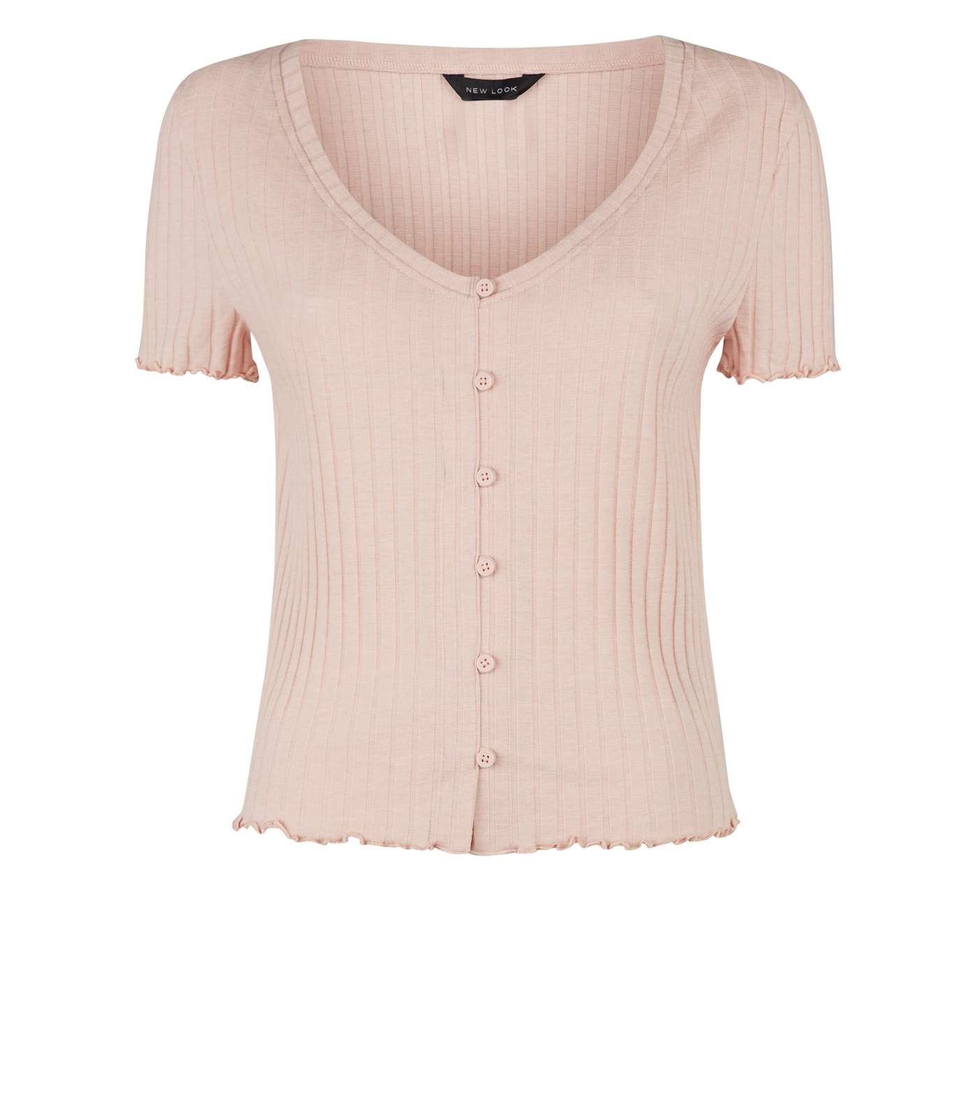 Pink Ribbed Button Front Frill Trim Top Image 4