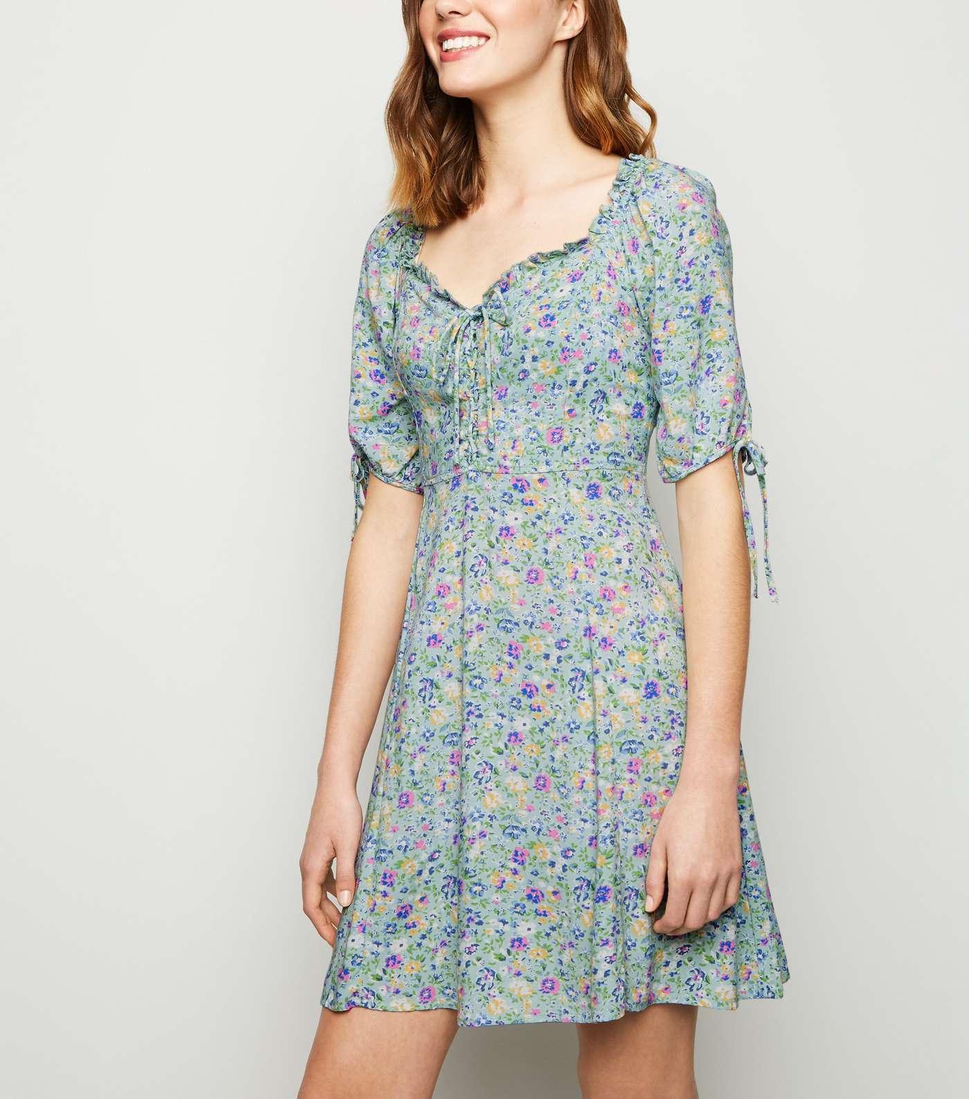 Green Ditsy Floral Lace Up Milkmaid Dress Image 2