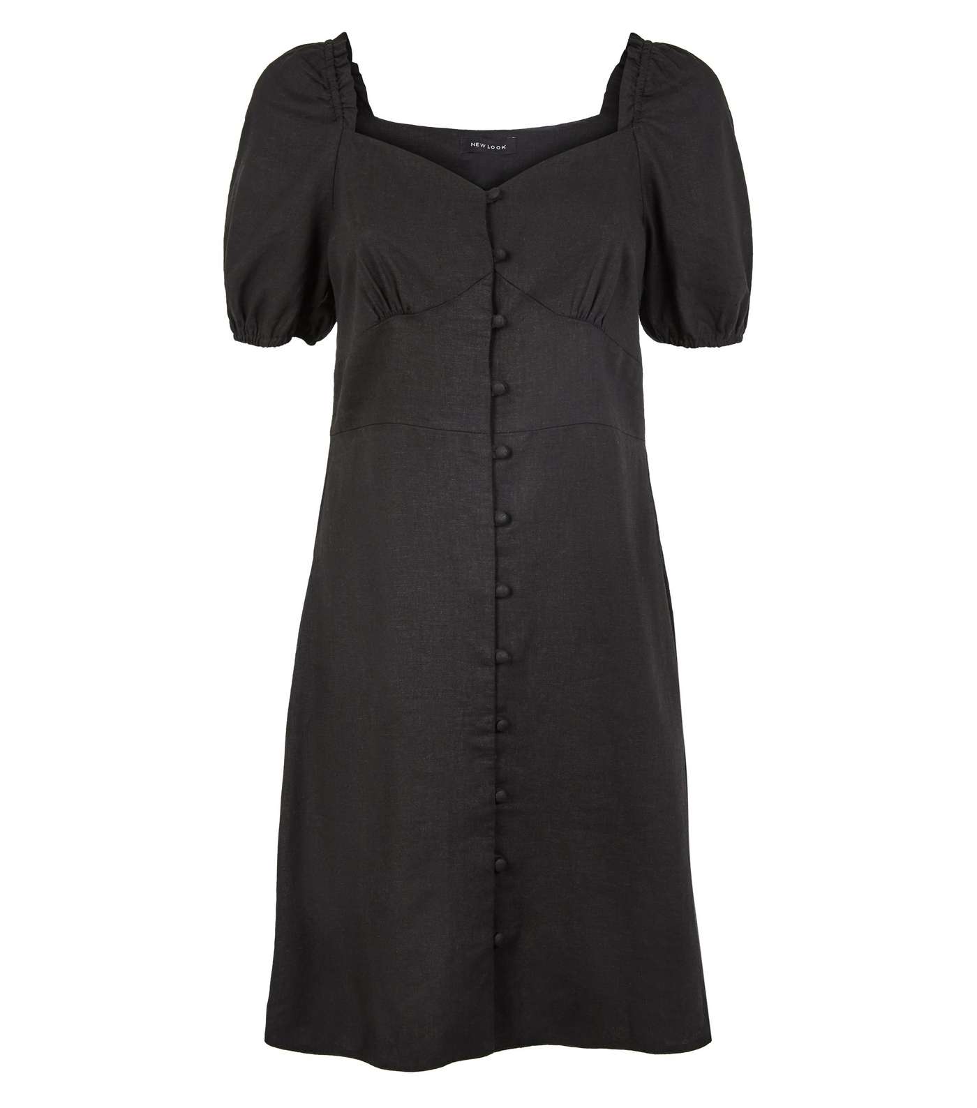 Black Linen Blend Button Up Milkmaid Dress Image 4