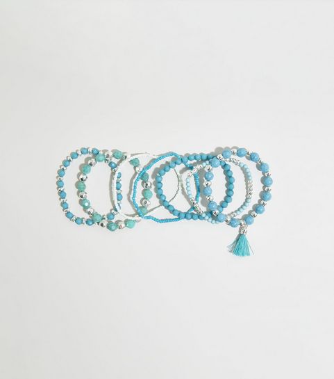 7 Pack Teal Elasticated Beaded Bracelets
