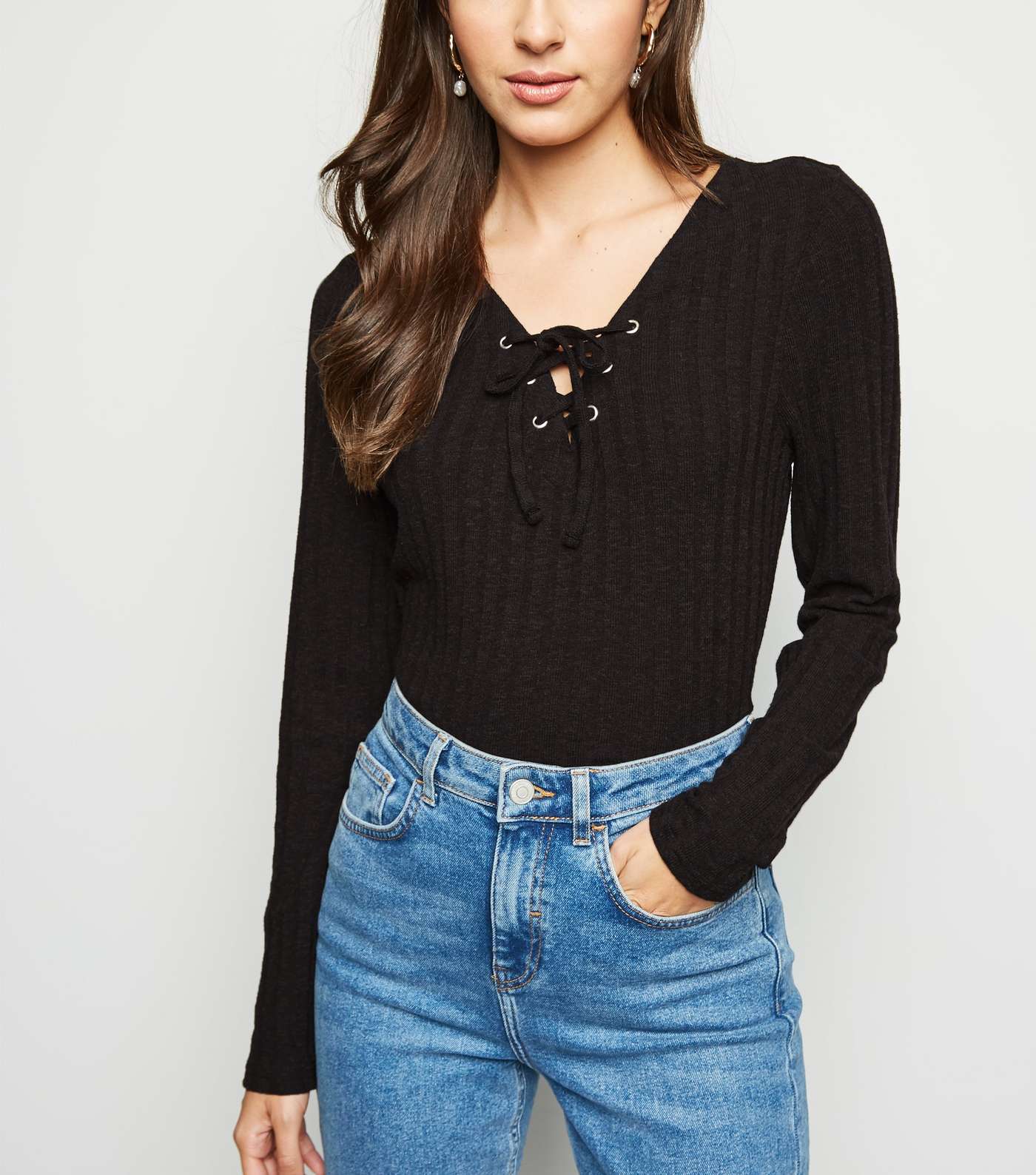 Black Ribbed Lace Up Top