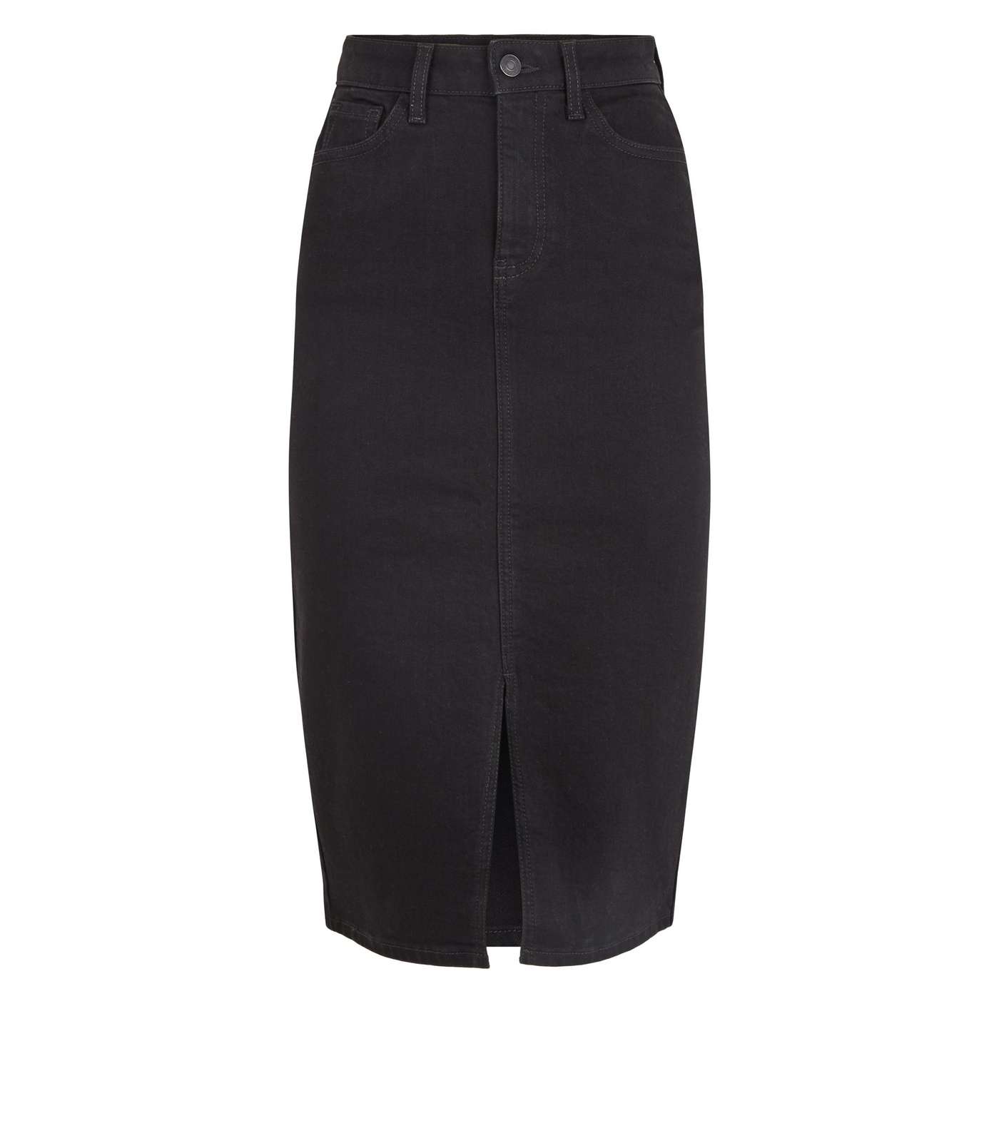 Black Front Split Denim Midi Skirt Image 4