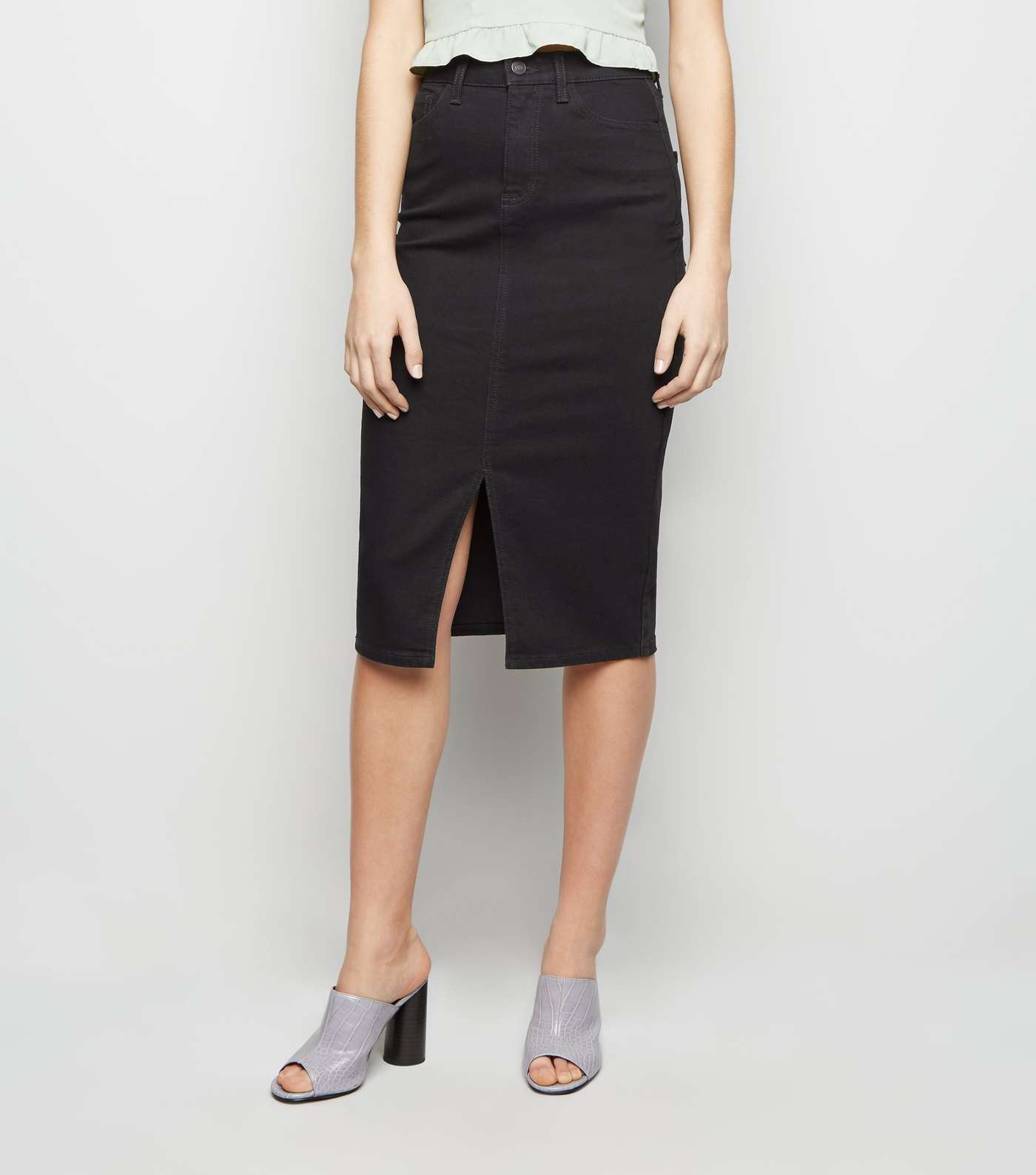 Black Front Split Denim Midi Skirt Image 2