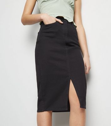 black denim midi pencil skirt