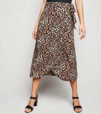 Brown Leopard Print Wrap Midi Skirt New Look