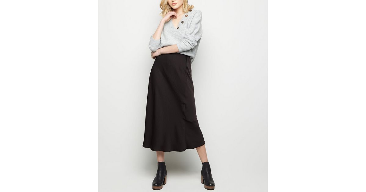 Black Satin Bias Cut Midi Skirt | New Look