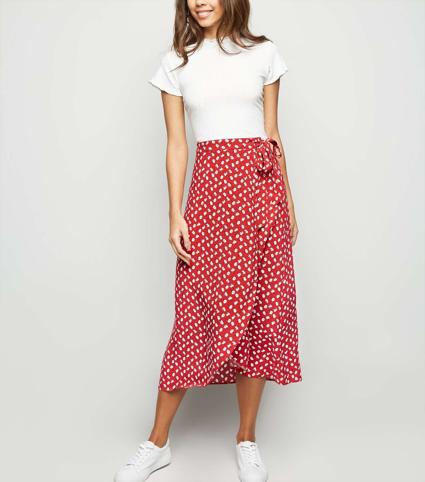 Red Ditsy Floral Wrap Midi Skirt