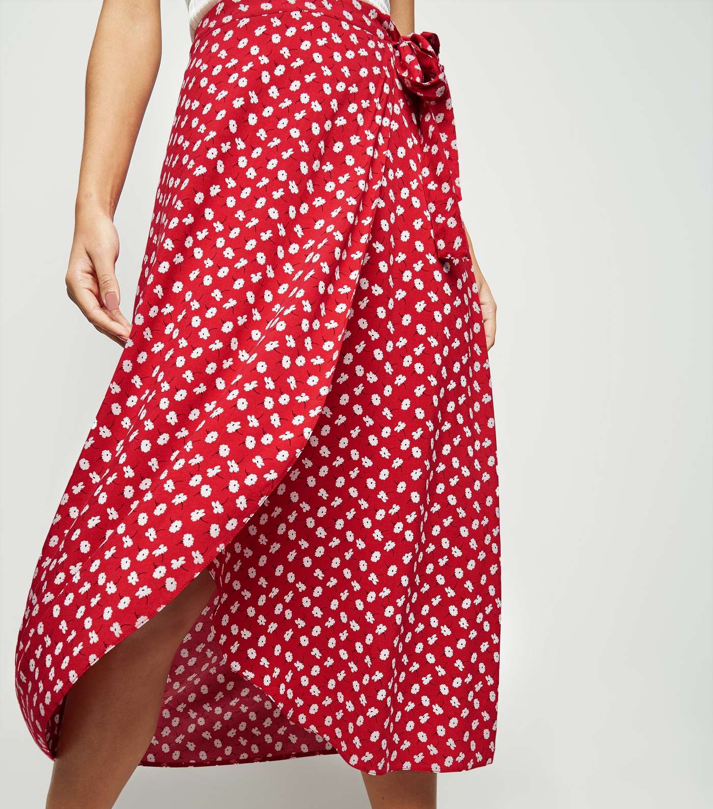 Red Ditsy Floral Wrap Midi Skirt Image 3