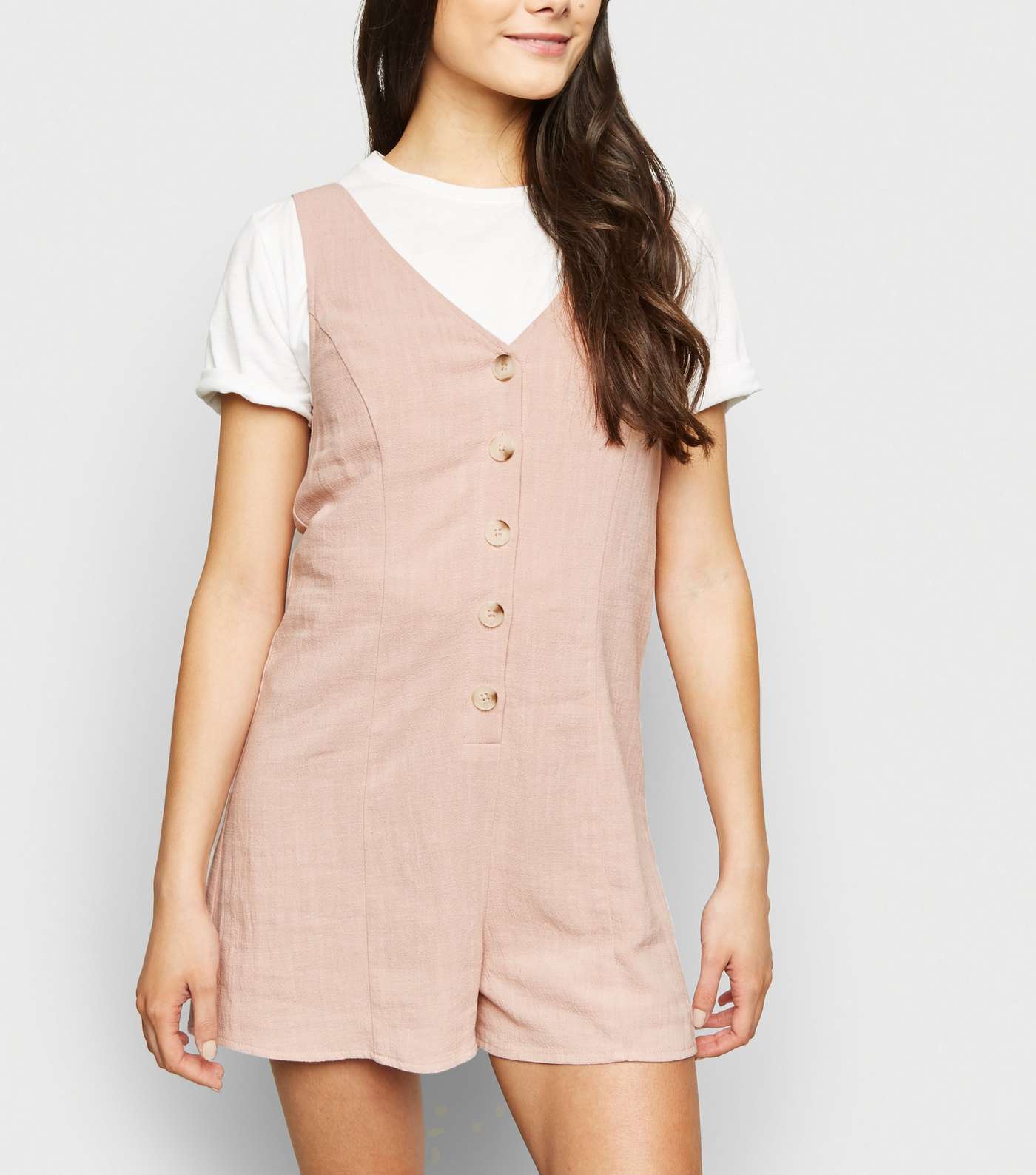 Pale Pink Linen-Look Button Front Playsuit  Image 5
