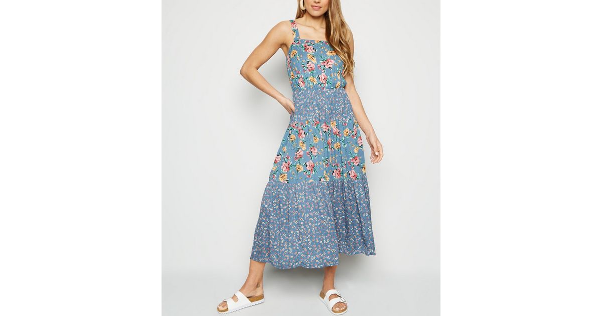 Blue Mixed Floral Tiered Midi Dress | New Look