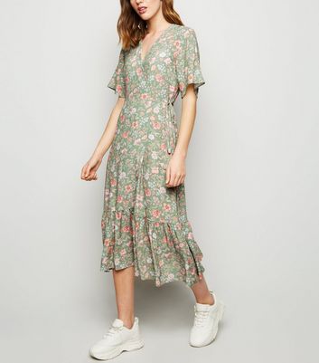 Green Floral Frill Hem Midi Dress | New 
